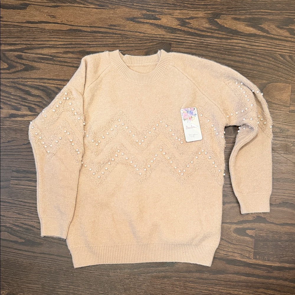 Women's Sweater with Pearl Accents - Tan